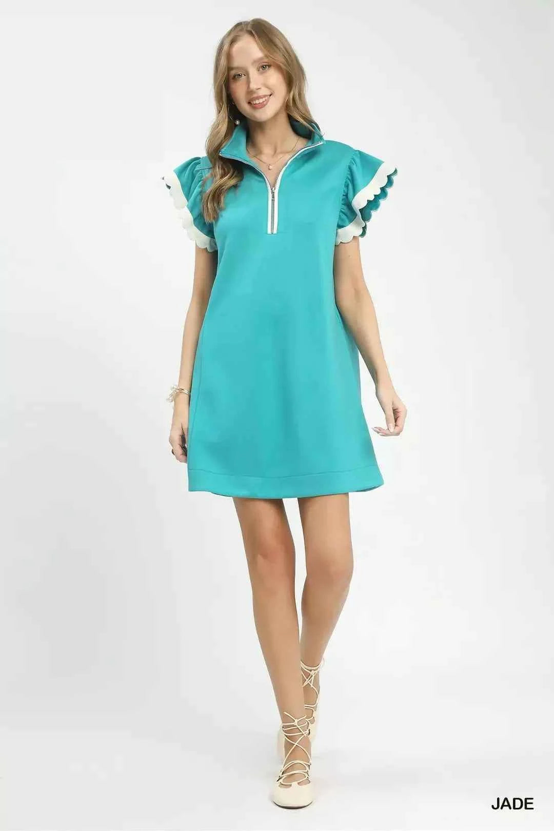 Jade Zip-Neck Flutter Sleeve Dress with Pockets by Umgee Full View