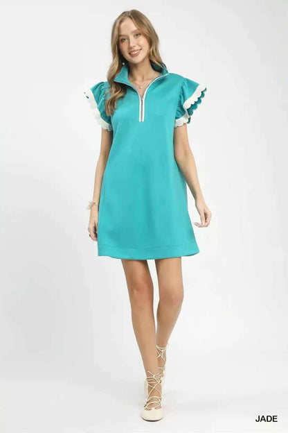 Jade Zip-Neck Flutter Sleeve Dress with Pockets by Umgee Full View