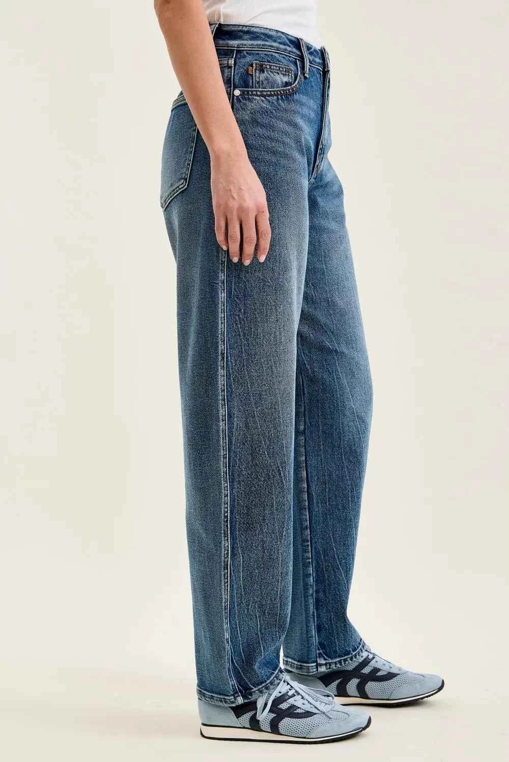 Judy Blue High Waist Marlow Arc Jeans in weathered indigo wash with relaxed arc-leg silhouette and high-rise waist. Side View