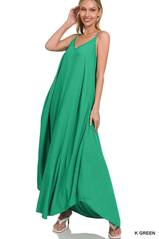 Kelly Green Crinkle Cami Maxi Dress with Pockets by Zenana