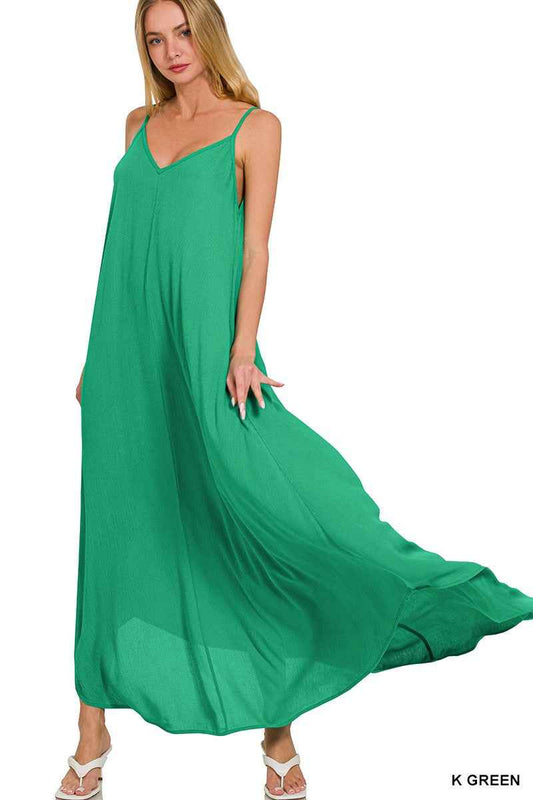 Kelly Green Crinkle Cami Maxi Dress with Pockets by Zenana