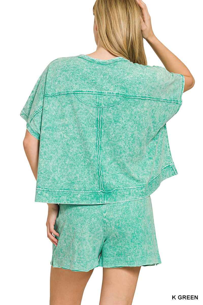 Kelly Green Halo Snow Washed Boxy Top & Shorts Set w/ Pockets by Zenana
