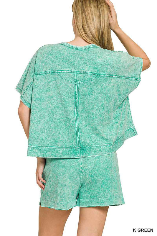 Kelly Green Halo Snow Washed Boxy Top & Shorts Set w/ Pockets by Zenana