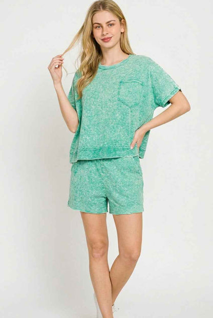 Kelly Green Halo Snow Washed Boxy Top & Shorts Set w/ Pockets by Zenana