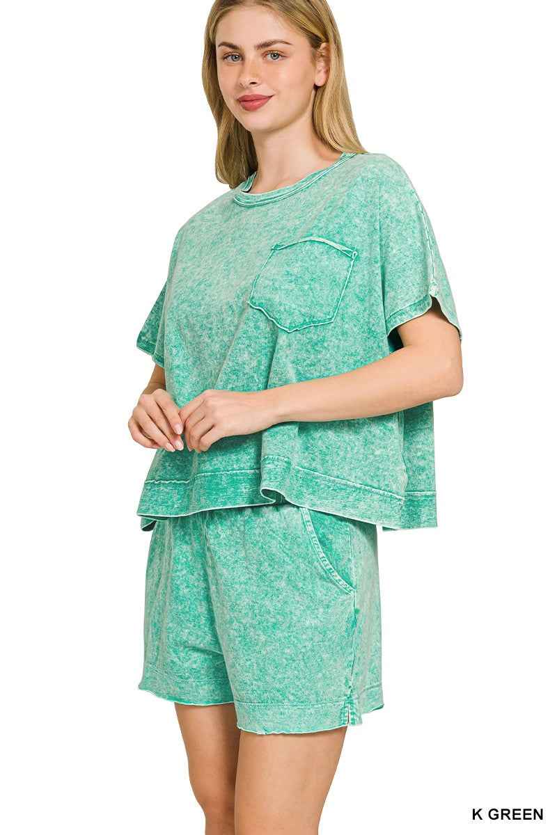 Kelly Green Halo Snow Washed Boxy Top & Shorts Set w/ Pockets by Zenana