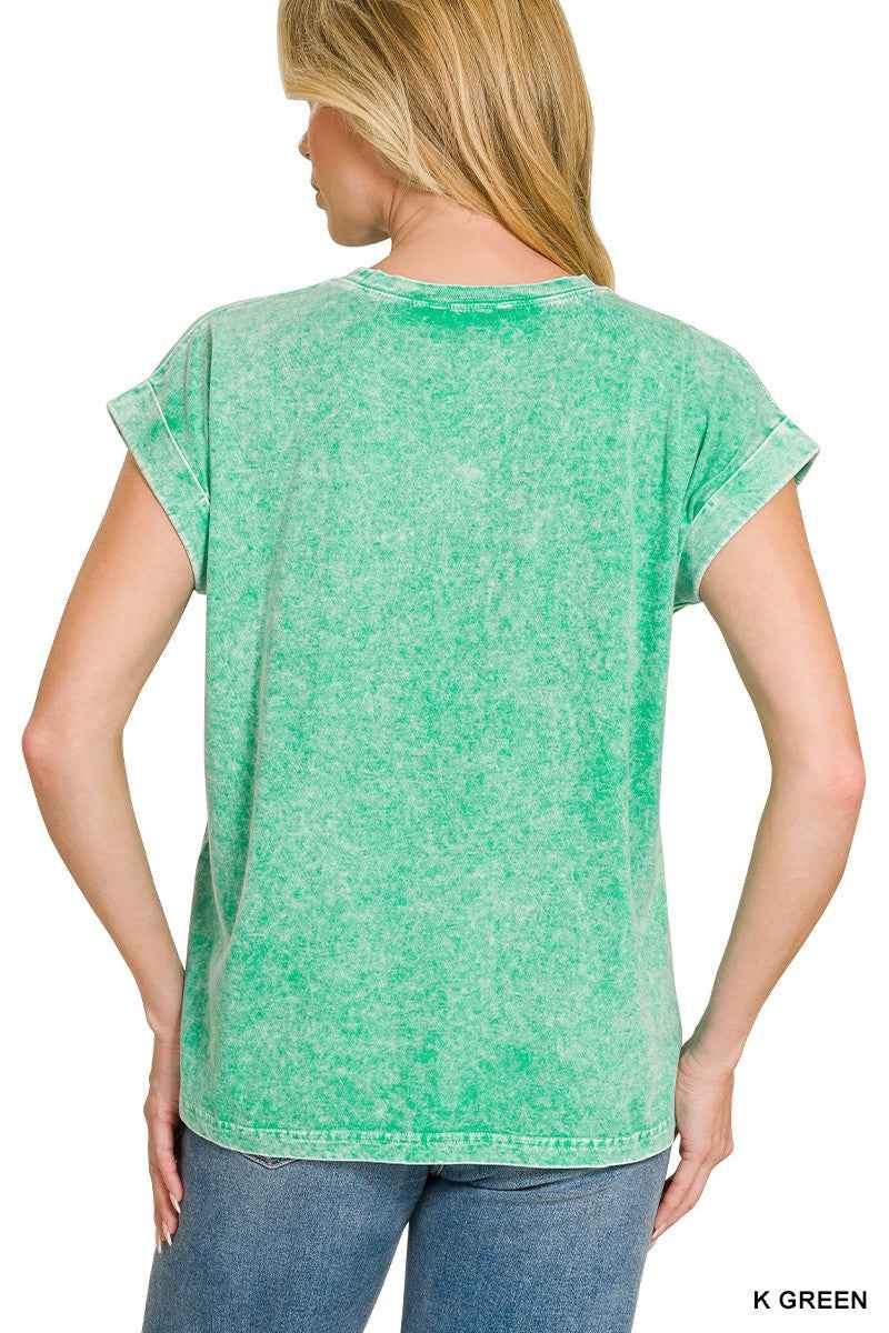 Kelly Green Halo Snow Washed Cuffed Short Sleeve Tee by Zenana