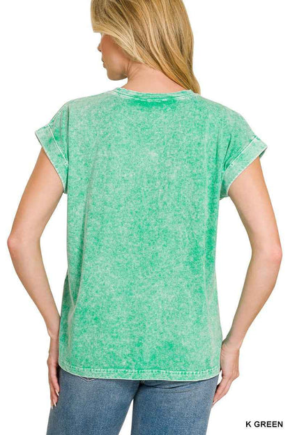 Kelly Green Halo Snow Washed Cuffed Short Sleeve Tee by Zenana