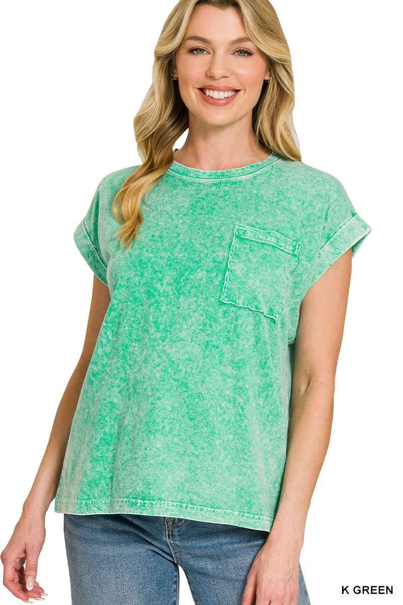 Kelly Green Halo Snow Washed Cuffed Short Sleeve Tee by Zenana