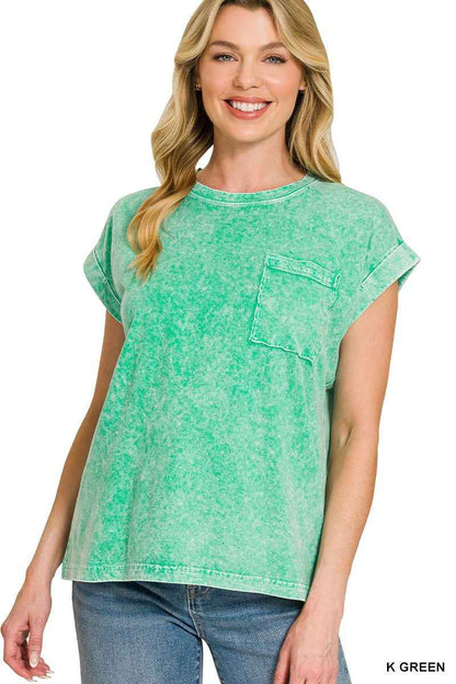 Kelly Green Halo Snow Washed Cuffed Short Sleeve Tee by Zenana