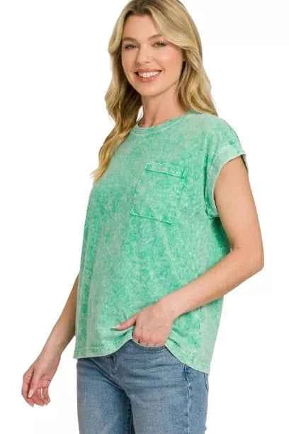 Kelly Green Halo Snow Washed Cuffed Short Sleeve Tee by Zenana