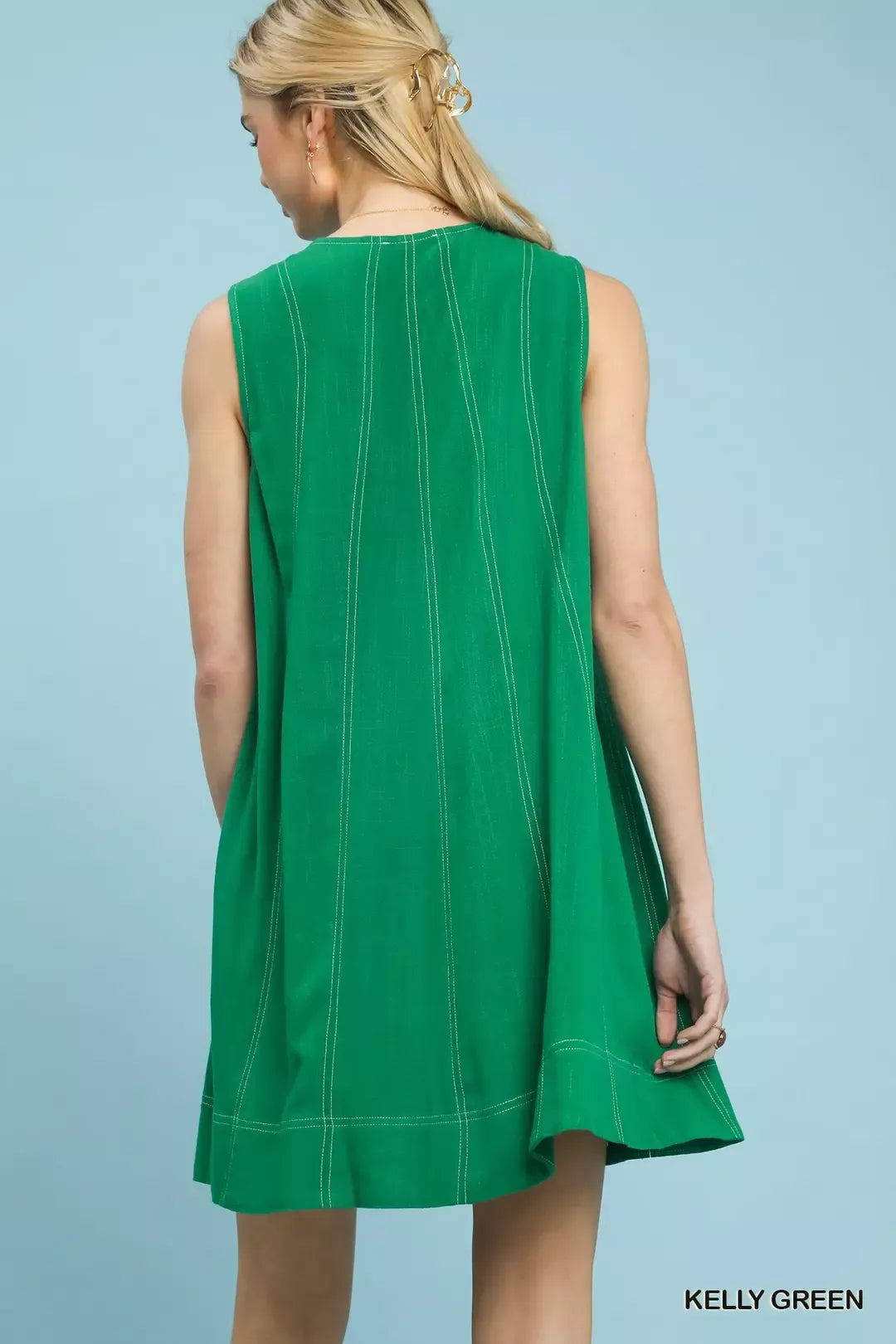 Kelly Green Linen Blend Sleeveless Swing Dress with Pockets by Umgee Back View