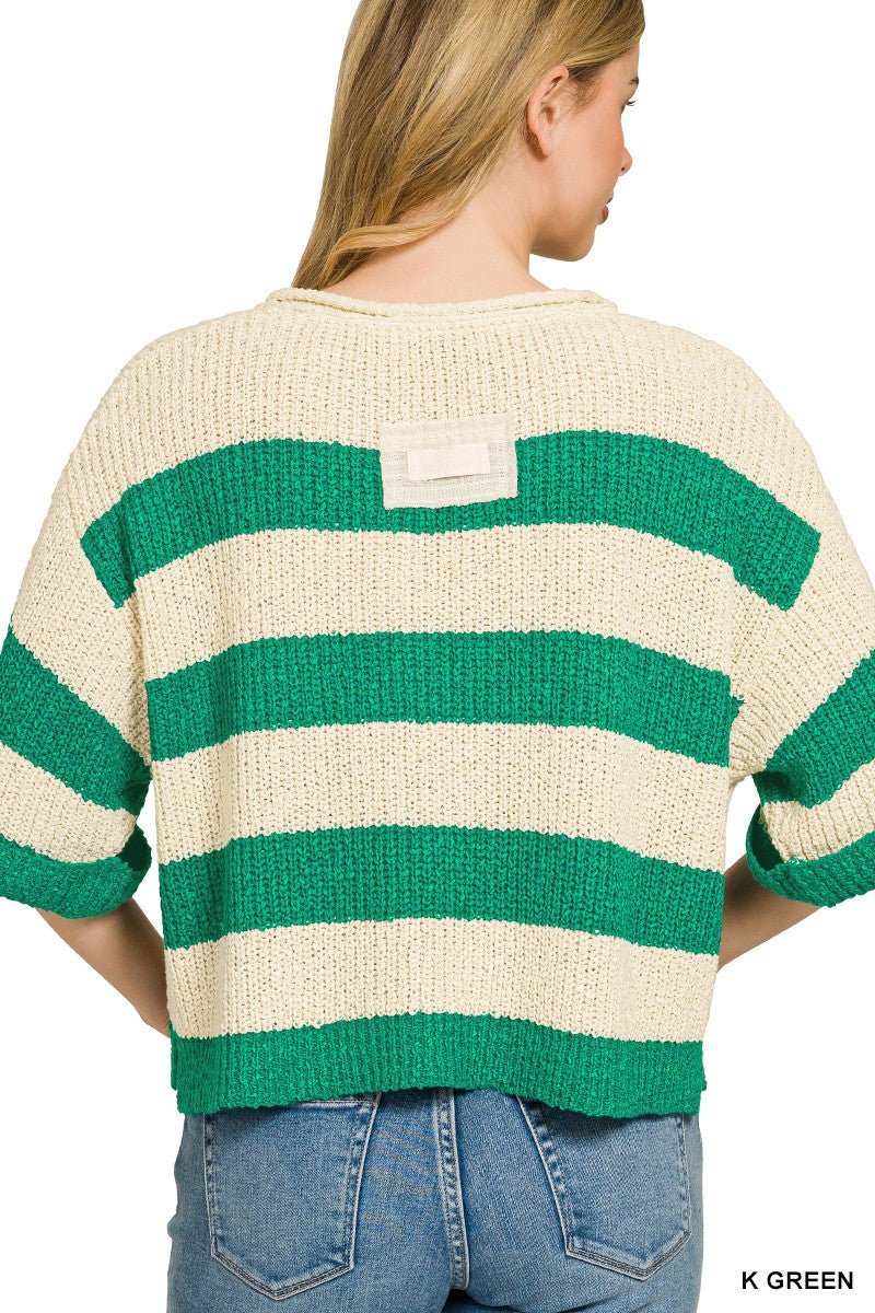 Kelly Green Split Neck Stripe 3/4 Sleeve Sweater by Zenana Back View
