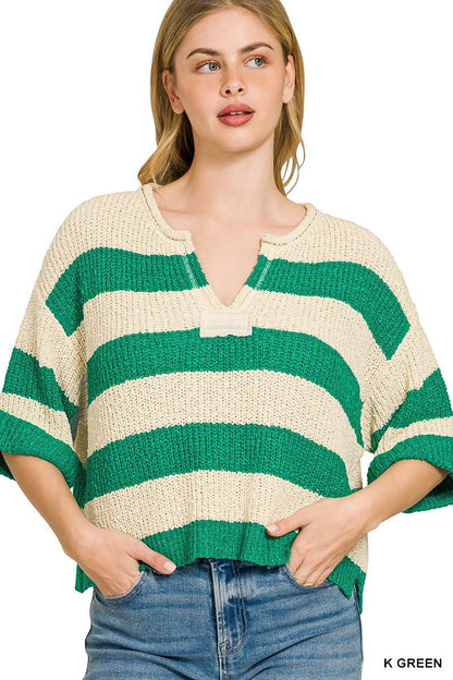 Kelly Green Split Neck Stripe 3/4 Sleeve Sweater by Zenana Front View