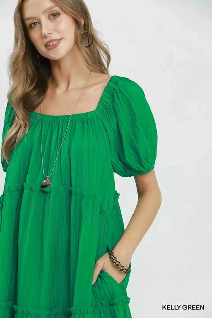 Kelly Green Textured Tiered Midi Dress with Pockets by Umgee Close View