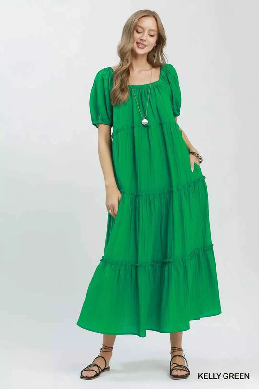 Kelly Green Textured Tiered Midi Dress with Pockets by Umgee Front view