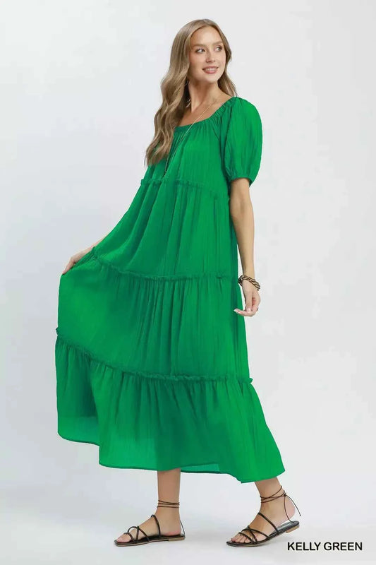 Kelly Green Textured Tiered Midi Dress with Pockets by Umgee Side View