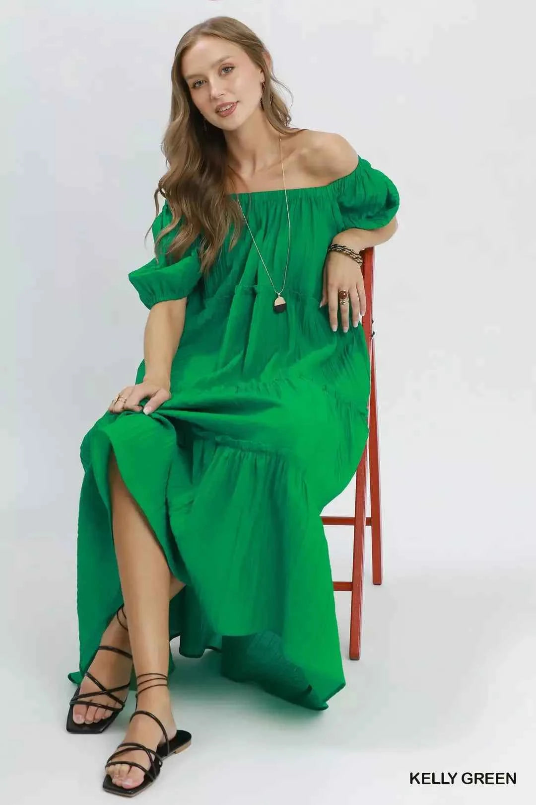 Kelly Green Textured Tiered Midi Dress with Pockets by Umgee Sitting View
