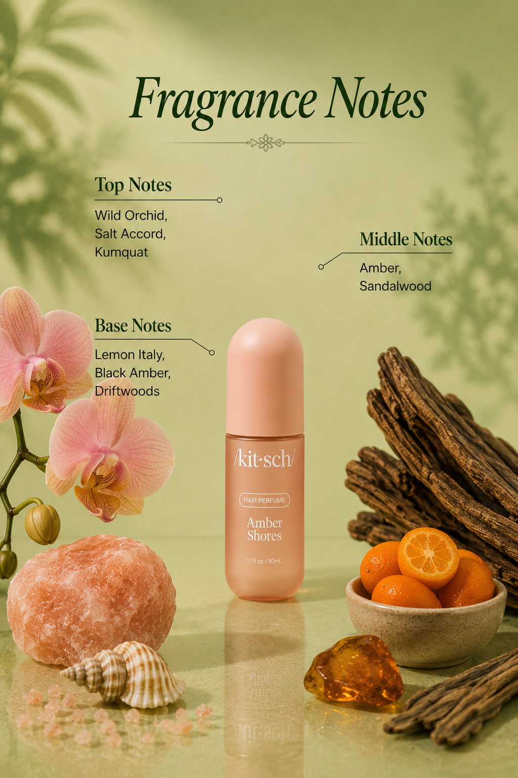 Kitsch Amber Shores Hair Perfume 1.7 oz with fragrance notes of wild orchid, salt accord, kumquat, amber, sandalwood and driftwood