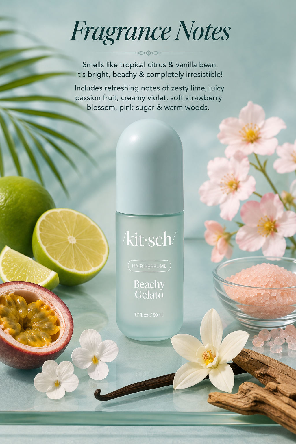 Kitsch Beachy Gelato Hair Perfume 1.7 oz with tropical fruit, sea salt, vanilla and sweet gourmand fragrance notes