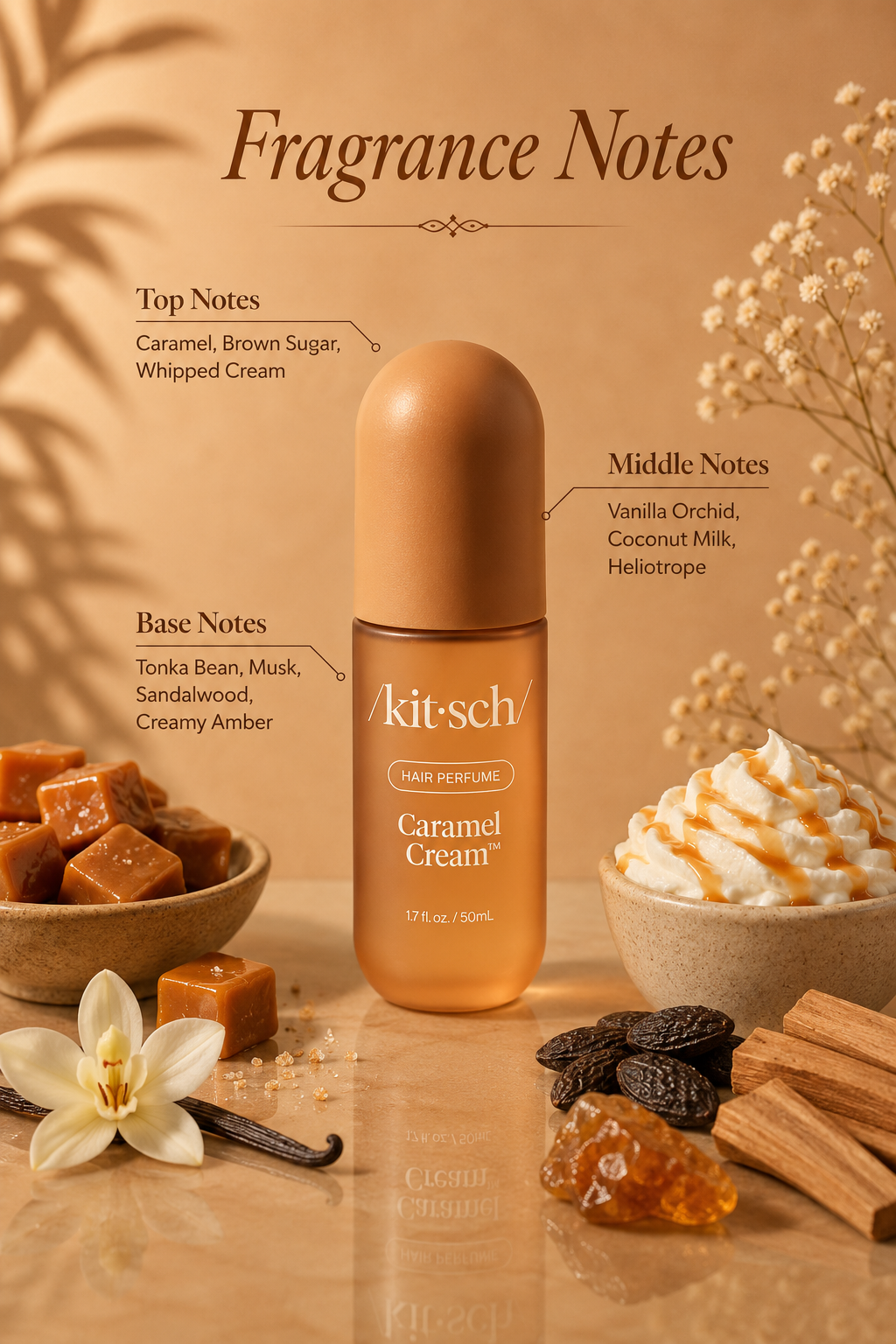 Kitsch Caramel Cream Hair Perfume 1.7 oz with caramel, brown sugar, whipped cream, vanilla and creamy amber fragrance notes