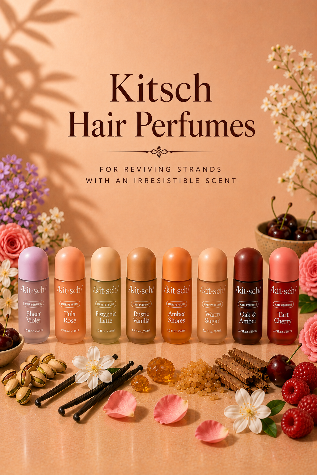 Kitsch Hair Perfume 1.7 oz hair fragrance mist in assorted scents including Amber Shores, Warm Sugar, Pistachio Latte and Rustic Vanilla