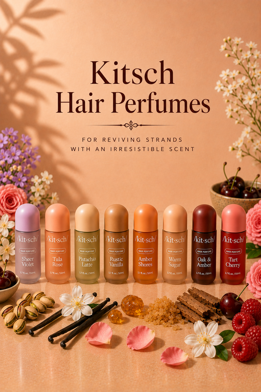 Kitsch Hair Perfume 1.7 oz hair fragrance mist in assorted scents including Amber Shores, Warm Sugar, Pistachio Latte and Rustic Vanilla