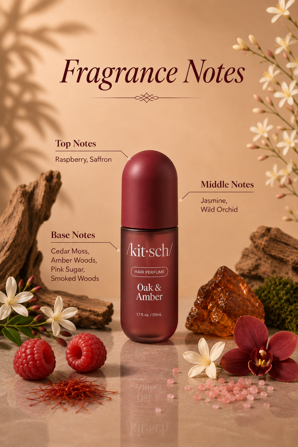 Kitsch Oak & Amber Hair Perfume 1.7 oz with raspberry, saffron, jasmine, wild orchid, amber woods and smoked woods fragrance notes