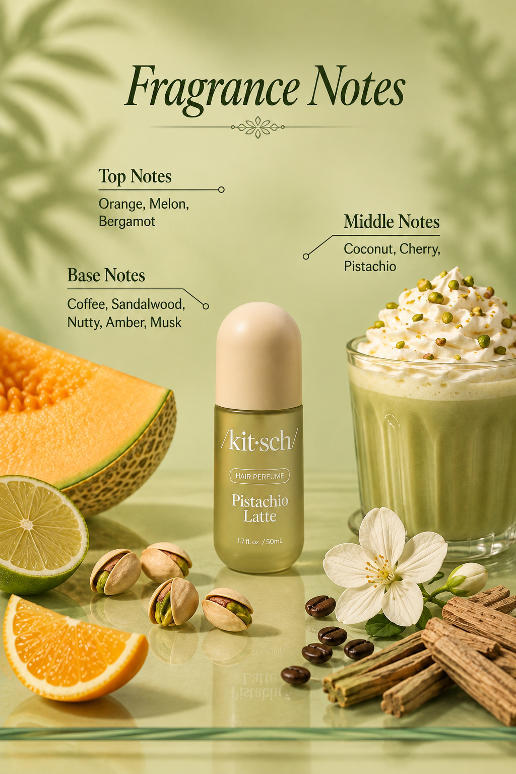 Kitsch Pistachio Latte Hair Perfume 1.7 oz with pistachio, coffee, sandalwood, amber and musk fragrance notes