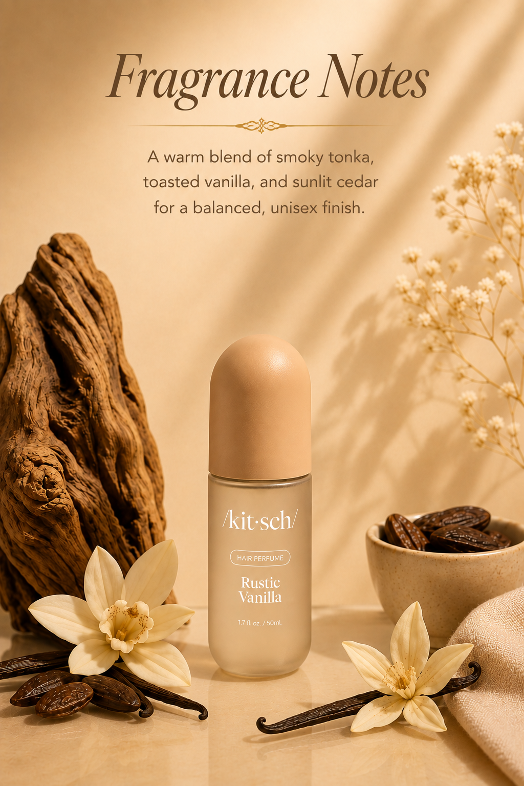 Kitsch Rustic Vanilla Hair Perfume 1.7 oz with vanilla, vanilla bean, warm woods and sweet gourmand fragrance notes