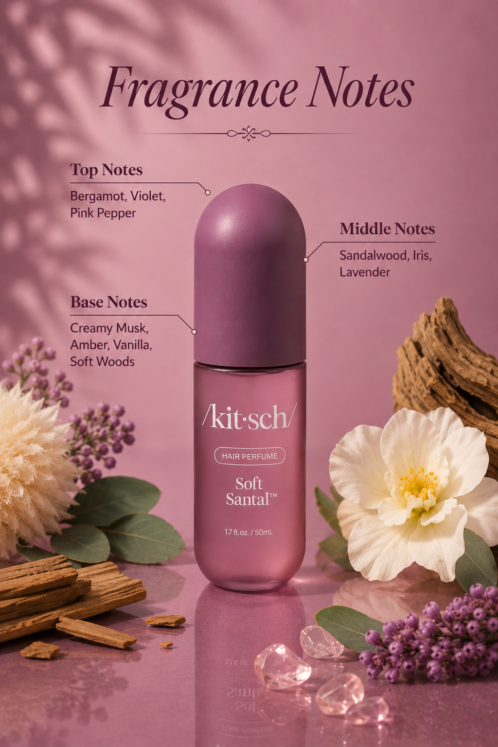 Kitsch Soft Santal Hair Perfume 1.7 oz with soft sandalwood, vanilla, almond and delicate floral fragrance notes