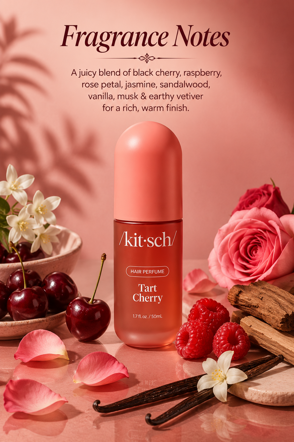 Kitsch Tart Cherry Hair Perfume 1.7 oz with juicy cherry, raspberry, rose, vanilla and cinnamon fragrance notes