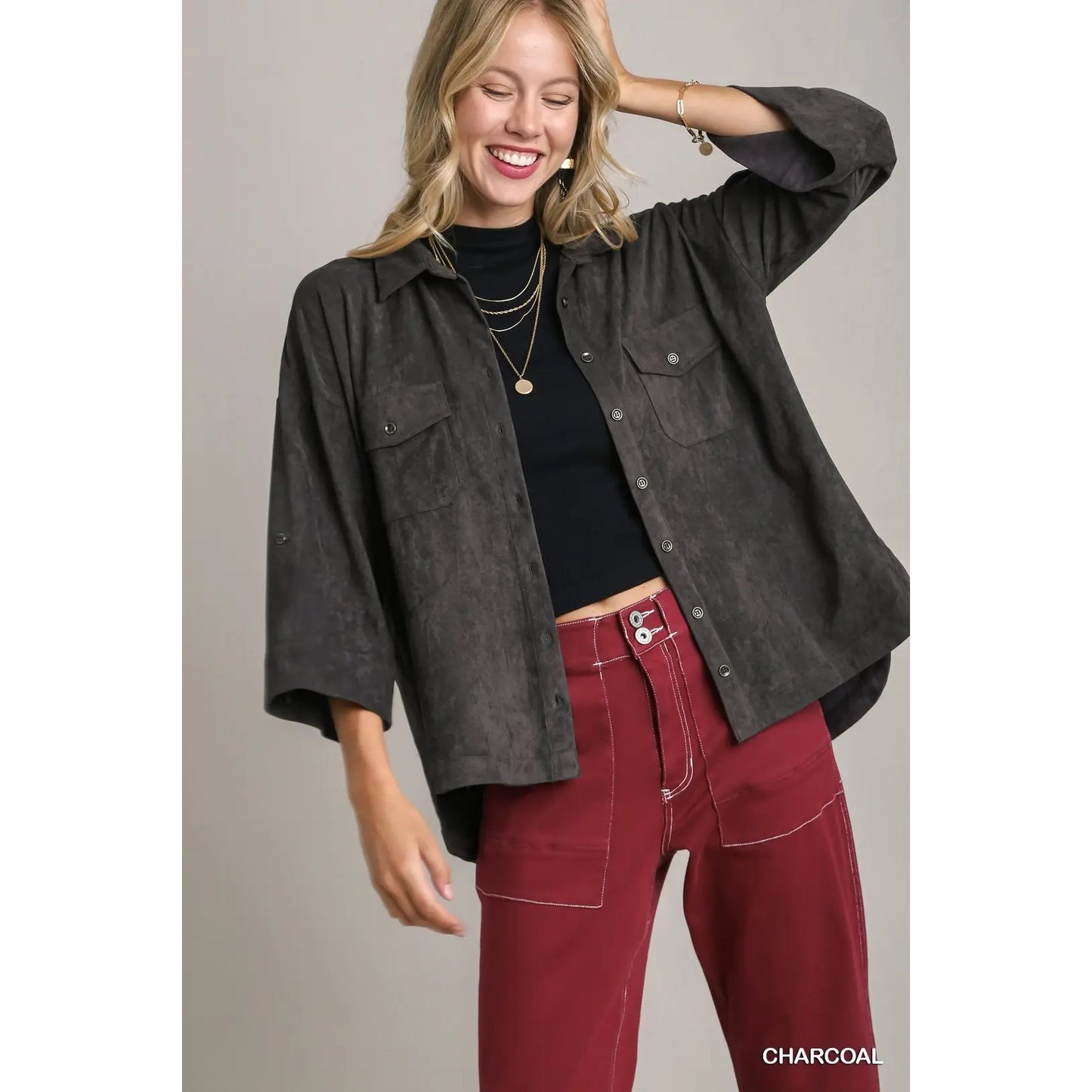 Umgee Charcoal Double Pocket Suede Shirt~Roll Up Tab Details