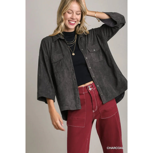 Umgee Charcoal Double Pocket Suede Shirt~Roll Up Tab Details