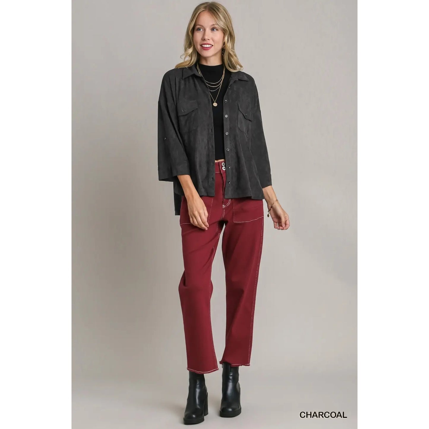 Umgee Charcoal Double Pocket Suede Shirt~Roll Up Tab Details