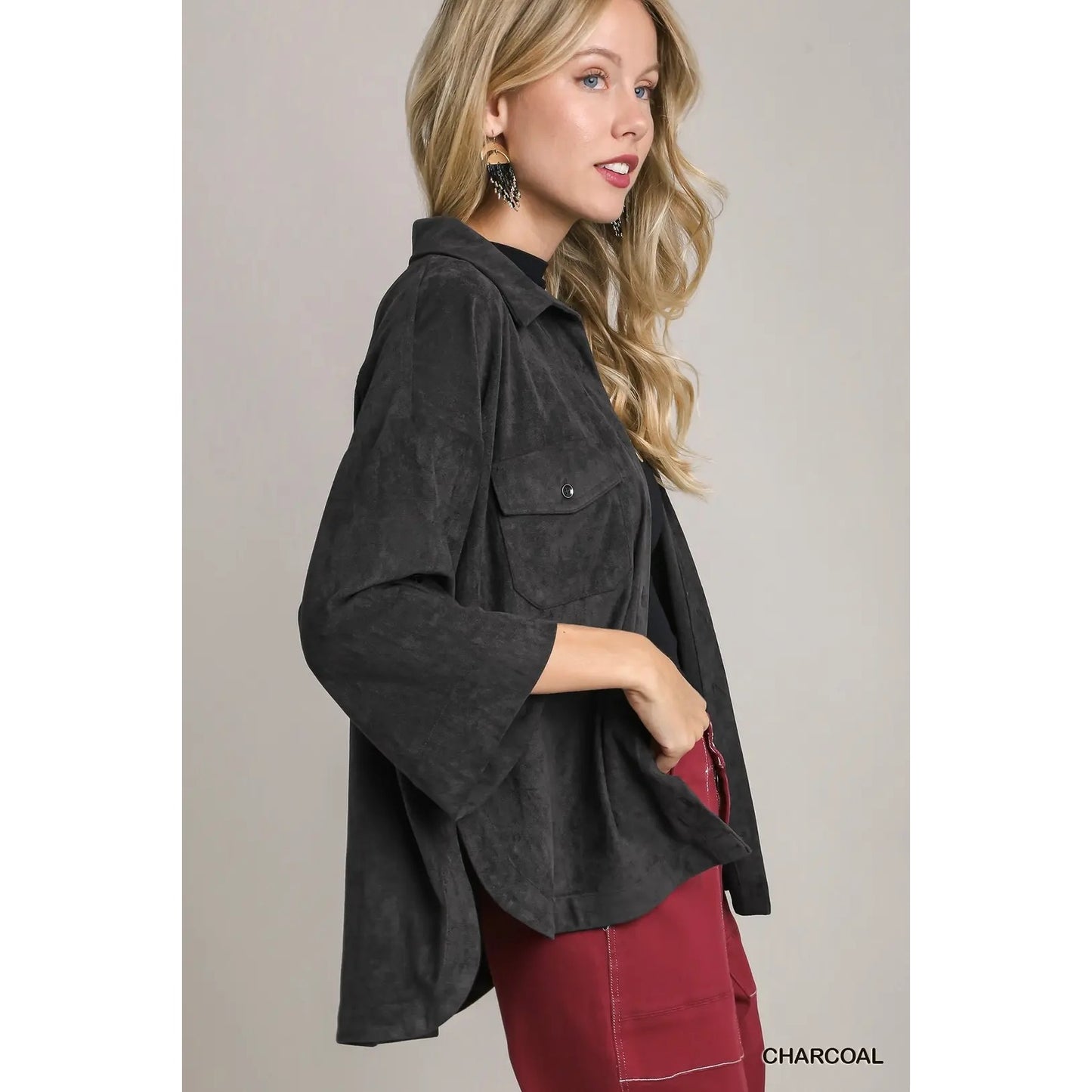 Umgee Charcoal Double Pocket Suede Shirt~Roll Up Tab Details
