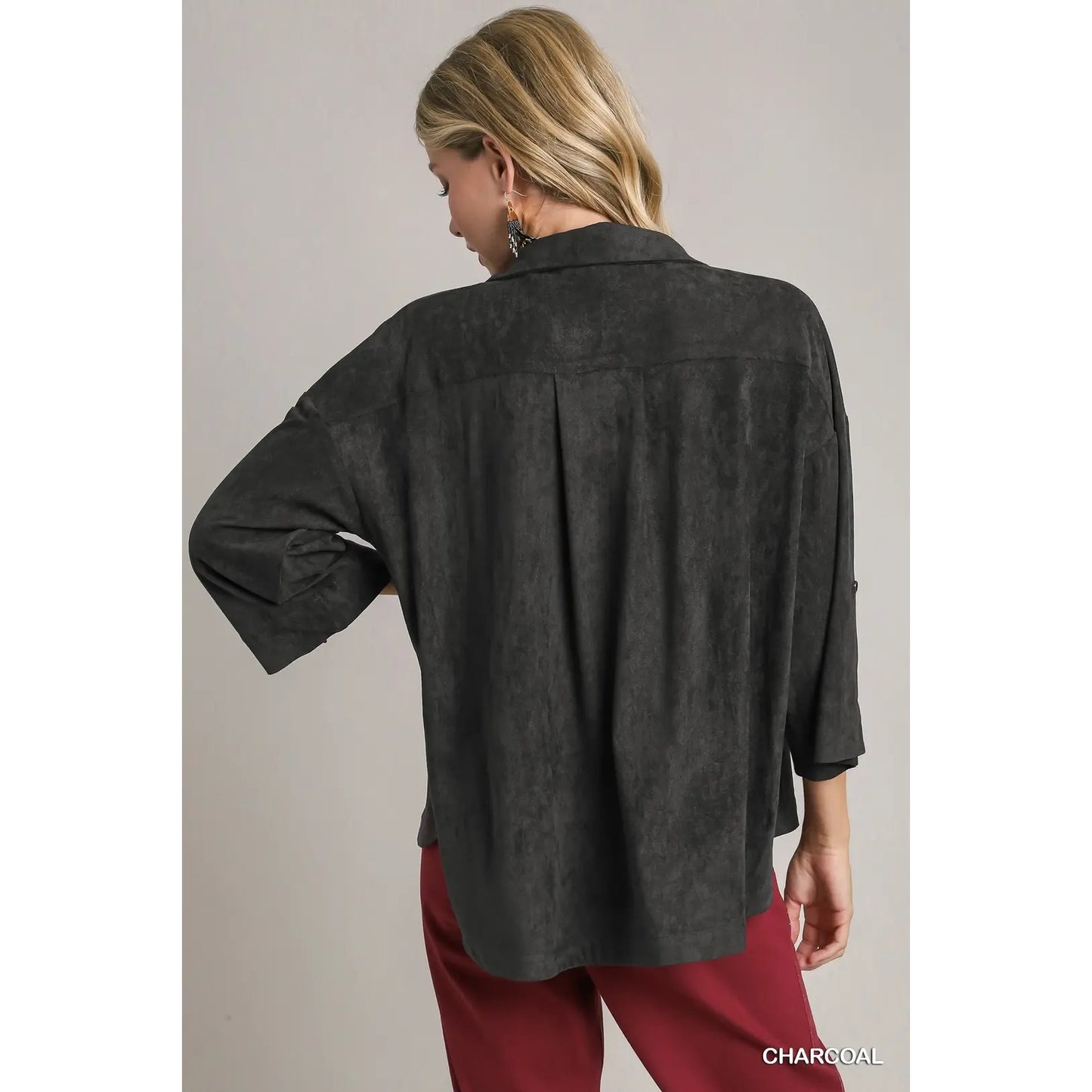 Umgee Charcoal Double Pocket Suede Shirt~Roll Up Tab Details