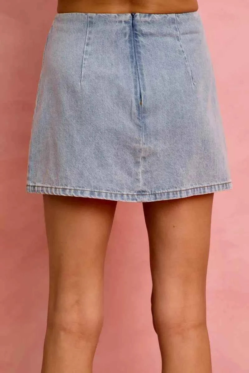 Lace Ribbon Bow Trim Denim Mini Skirt by SO ME Back View
