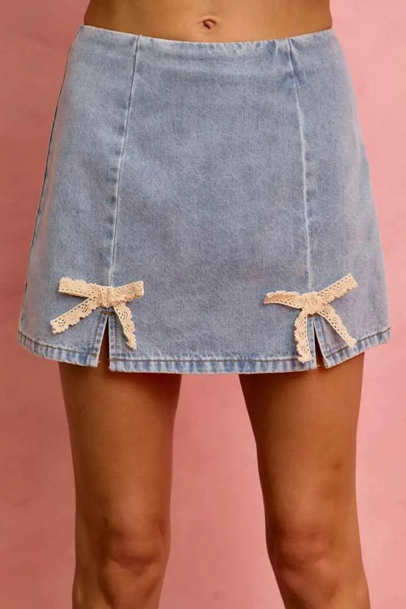 Lace Ribbon Bow Trim Denim Mini Skirt by SO ME Front View