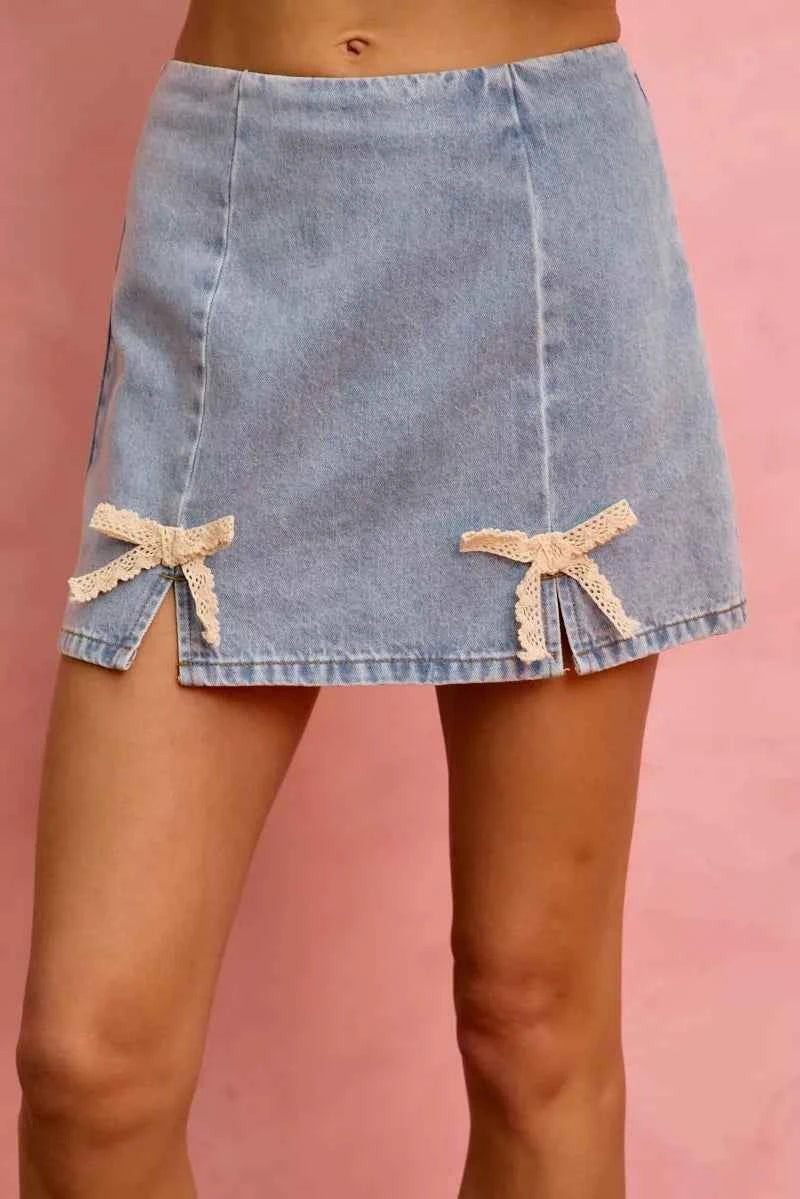 Lace Ribbon Bow Trim Denim Mini Skirt by SO ME Front View 2