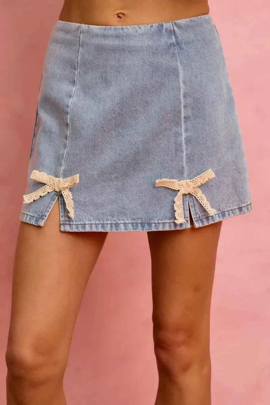 Lace Ribbon Bow Trim Denim Mini Skirt by SO ME Front View 2