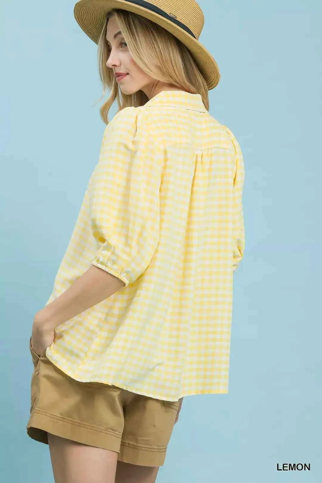 Lemon Yellow Gingham Puff Sleeve Collared Blouse by Umgee Back View