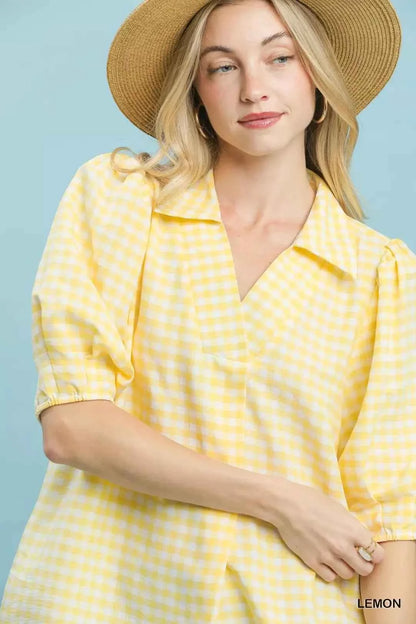 Lemon Yellow Gingham Puff Sleeve Collared Blouse by Umgee Close View
