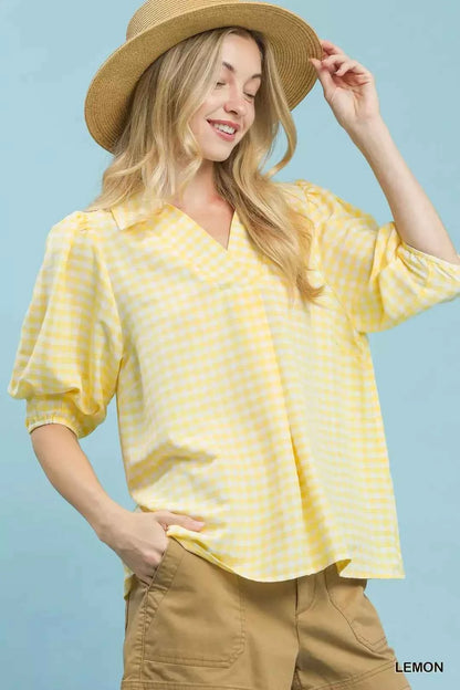 Lemon Yellow Gingham Puff Sleeve Collared Blouse by Umgee Front View