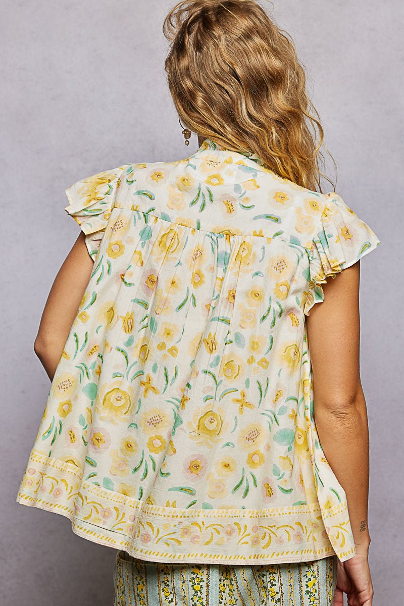 Lemon Yellow Tassel Tied Floral Flutter Sleeve Blouse by POL Back View