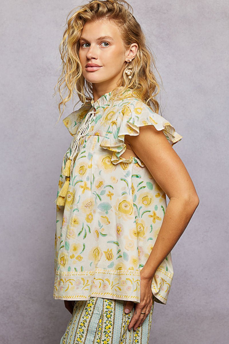 Lemon Yellow Tassel Tied Floral Flutter Sleeve Blouse by POL Side View