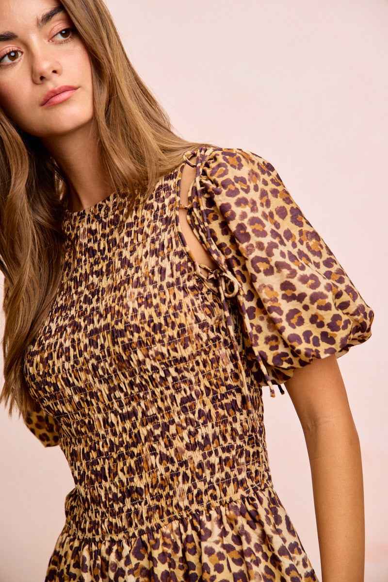 Leopard Bow Tie Puff Sleeve Dress with Detachable Sleeves by BiBi