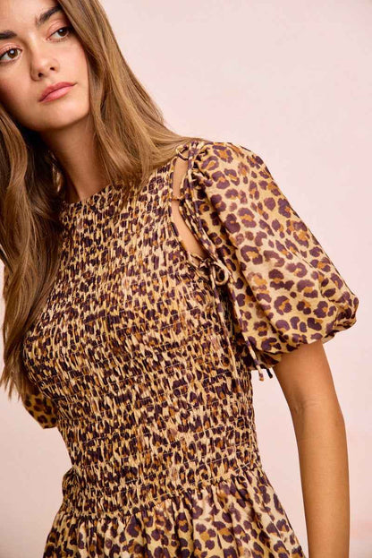 Leopard Bow Tie Puff Sleeve Dress with Detachable Sleeves by BiBi