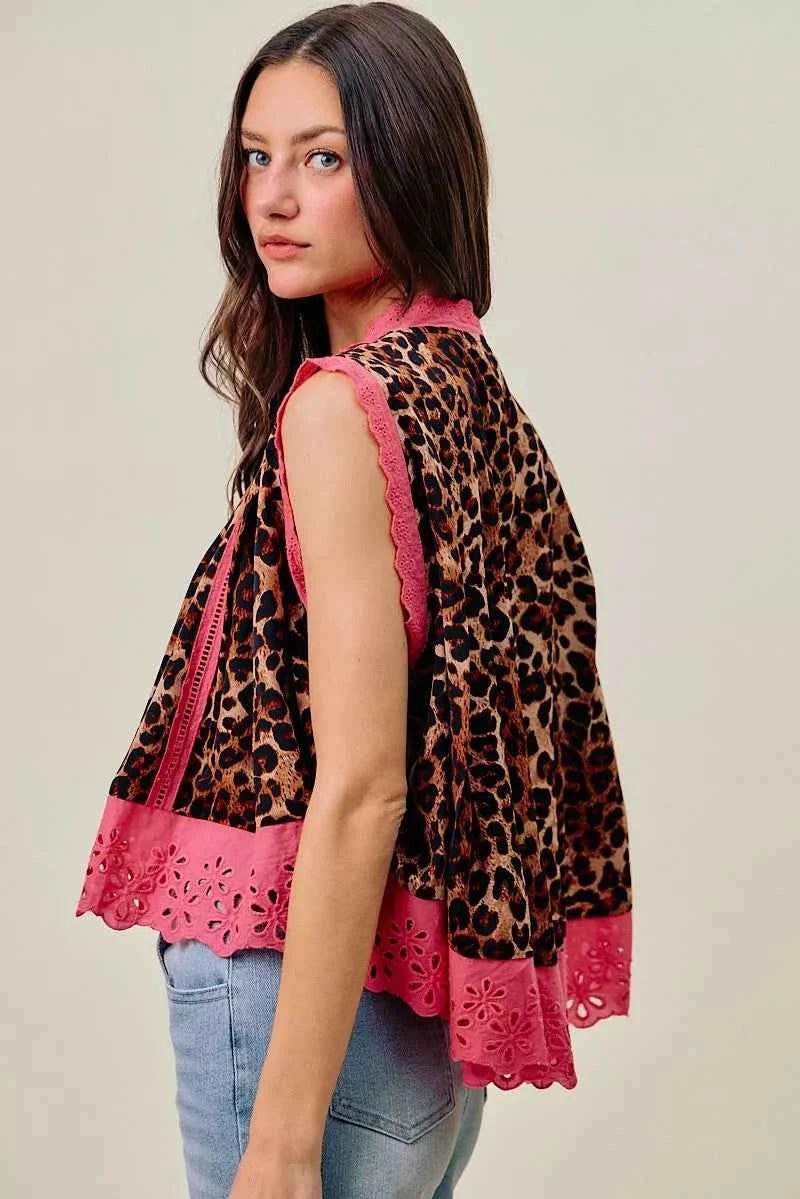 Leopard Button Up Pleated Pink Trim Sleeveless Blouse by So Me