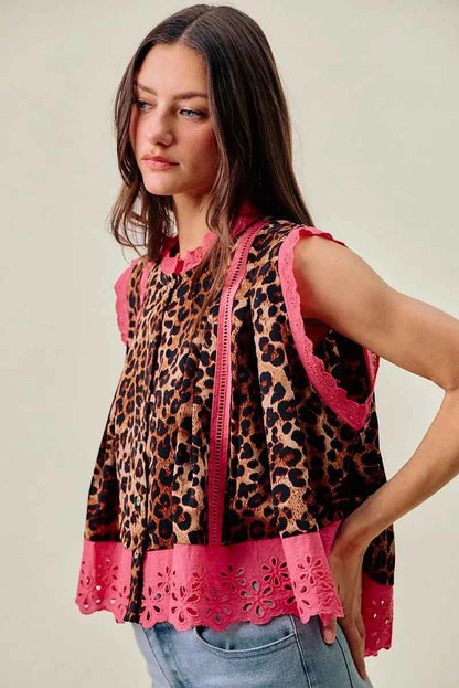Leopard Button Up Pleated Pink Trim Sleeveless Blouse by So Me