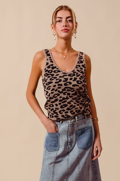 Leopard Knit Lightweight V-Neck Tank Top by So Me Front View2